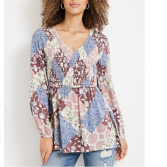NWT Maurices Tunic Top XXL Rayon Patchwork Purple Print Long Sleeves - Picture 3 of 10